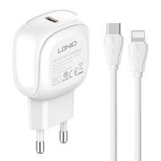 LDNIO A1206C PD27W USB-C / Type-C Fast Charger with 1m 8 Pin Cable, Plug Type:EU Plug(White)