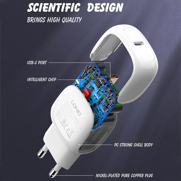LDNIO A1206C PD27W USB-C / Type-C Fast Charger with 1m 8 Pin Cable, Plug Type:EU Plug(White)