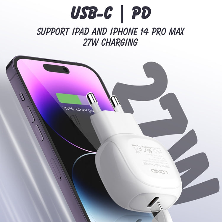 LDNIO A1206C PD27W USB-C / Type-C Fast Charger with 1m Type-C Cable, Plug Type:EU Plug(White)