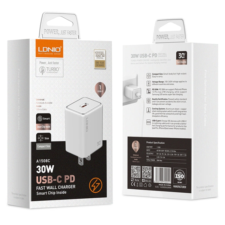 LDNIO A1508C PD30W USB-C / Type-C Fast Charger with 1m 8 Pin Cable(White)