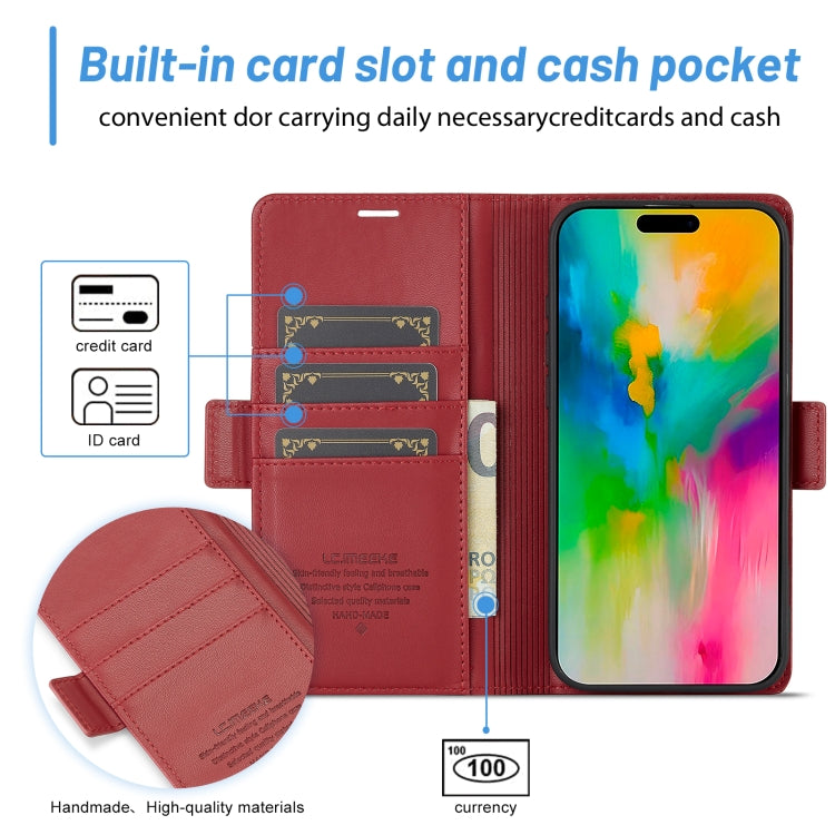 For iPhone 16 LC.IMEEKE Skin-friendly Card Slots Leather Phone Case(Red)