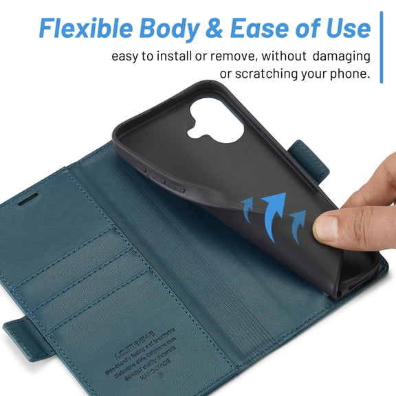 For iPhone 16 LC.IMEEKE Skin-friendly Card Slots Leather Phone Case(Blue)