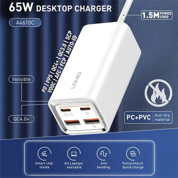 LDNIO A4610C PD65W Dual USB-C / Type-C + Dual USB Fast Charger, Cable Length: 1.5m, Plug Type:US Plug(White)
