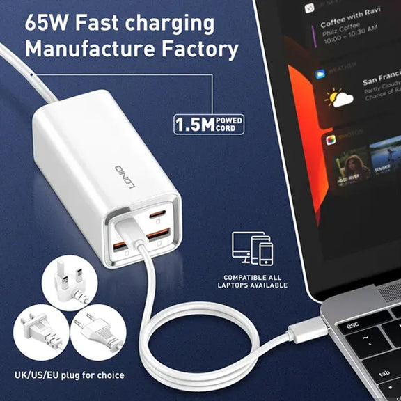 LDNIO A4610C PD65W Dual USB-C / Type-C + Dual USB Fast Charger, Cable Length: 1.5m, Plug Type:US Plug(White)