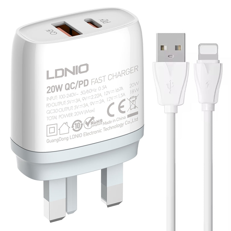 LDNIO Q229 QC3.0 / PD20W USB + Type-C Fast Charger with 1m USB to 8 Pin Cable, Plug Type:UK Plug(White)