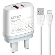 LDNIO Q229 QC3.0 / PD20W USB + Type-C Fast Charger with 1m USB to 8 Pin Cable, Plug Type:UK Plug(White)