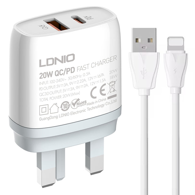 LDNIO Q229 QC3.0 / PD20W USB + Type-C Fast Charger with 1m USB to 8 Pin Cable, Plug Type:UK Plug(White)