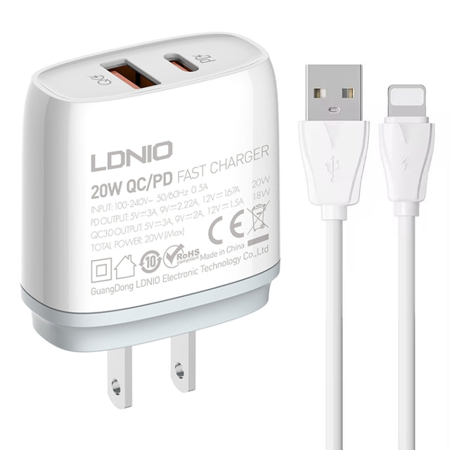 LDNIO Q229 QC3.0 / PD20W USB + Type-C Fast Charger with 1m USB to 8 Pin Cable, Plug Type:US Plug(White)