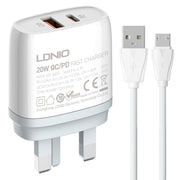 LDNIO Q229 QC3.0 / PD20W USB + Type-C Fast Charger with 1m USB to Micro USB Cable, Plug Type:UK Plug(White)
