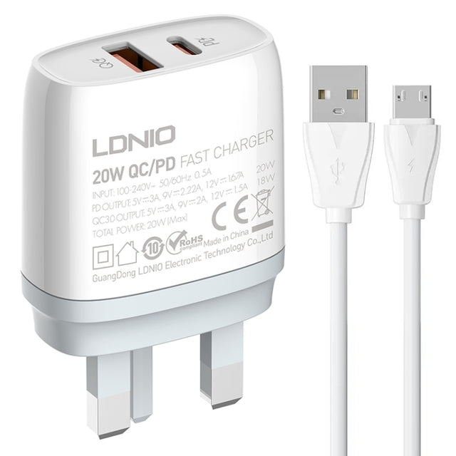 LDNIO Q229 QC3.0 / PD20W USB + Type-C Fast Charger with 1m USB to Micro USB Cable, Plug Type:UK Plug(White)