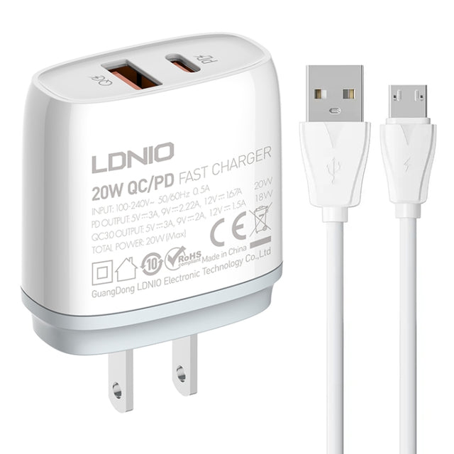 LDNIO Q229 QC3.0 / PD20W USB + Type-C Fast Charger with 1m USB to Micro USB Cable, Plug Type:US Plug(White)