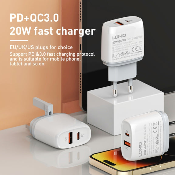 LDNIO Q229 QC3.0 / PD20W USB + Type-C Fast Charger with 1m USB to Micro USB Cable, Plug Type:EU Plug(White)