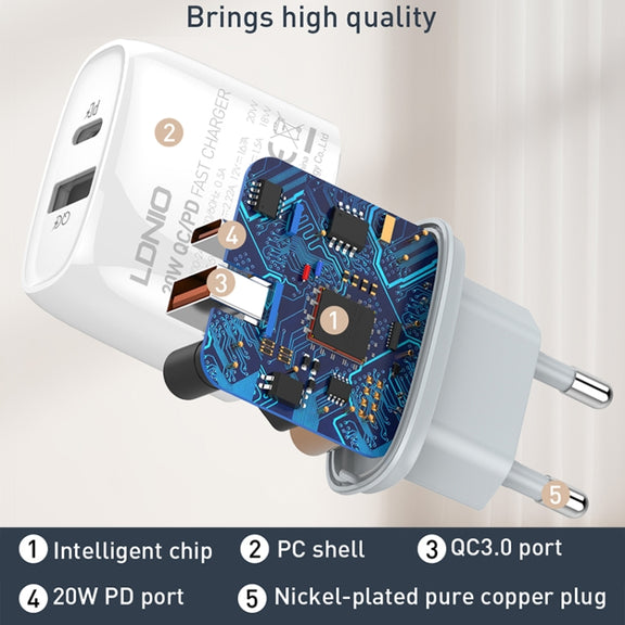 LDNIO Q229 QC3.0 / PD20W USB + Type-C Fast Charger with 1m USB to Micro USB Cable, Plug Type:EU Plug(White)