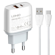 LDNIO Q229 QC3.0 / PD20W USB + Type-C Fast Charger with 1m USB to Type-C Cable, Plug Type:EU Plug(White)