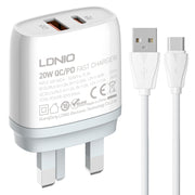 LDNIO Q229 QC3.0 / PD20W USB + Type-C Fast Charger with 1m USB to Type-C Cable, Plug Type:UK Plug(White)