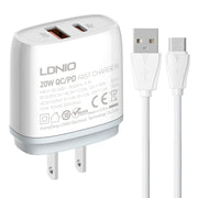 LDNIO Q229 QC3.0 / PD20W USB + Type-C Fast Charger with 1m USB to Type-C Cable, Plug Type:US Plug(White)