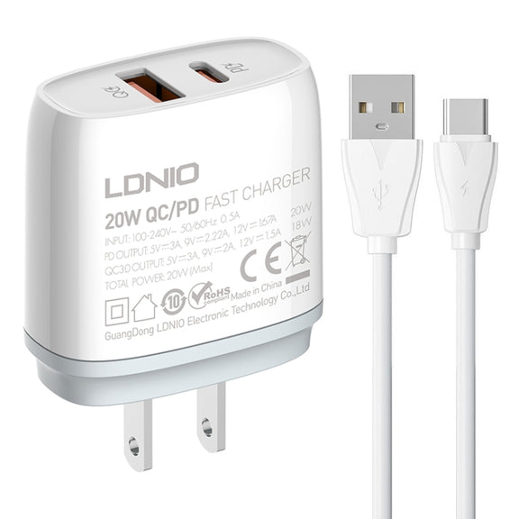 LDNIO Q229 QC3.0 / PD20W USB + Type-C Fast Charger with 1m USB to Type-C Cable, Plug Type:US Plug(White)