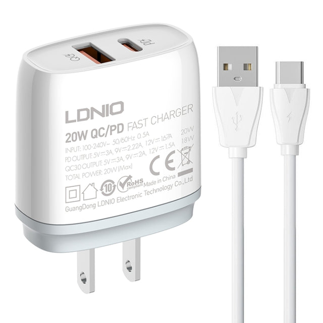 LDNIO Q229 QC3.0 / PD20W USB + Type-C Fast Charger with 1m USB to Type-C Cable, Plug Type:US Plug(White)
