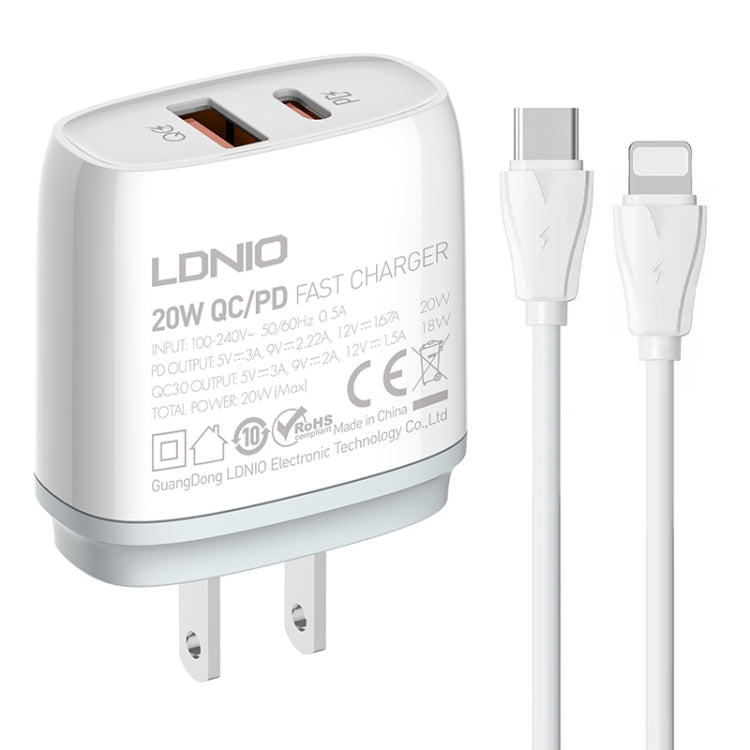 LDNIO Q229 QC3.0 / PD20W USB + Type-C Fast Charger with 1m Type-C to 8 Pin Cable, Plug Type:US Plug(White)