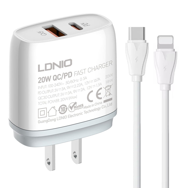 LDNIO Q229 QC3.0 / PD20W USB + Type-C Fast Charger with 1m Type-C to 8 Pin Cable, Plug Type:US Plug(White)