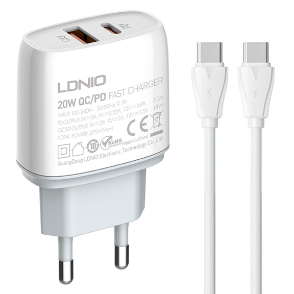 LDNIO Q229 QC3.0 / PD20W USB + Type-C Fast Charger with 1m Type-C to Type-C Cable, Plug Type:EU Plug(White)