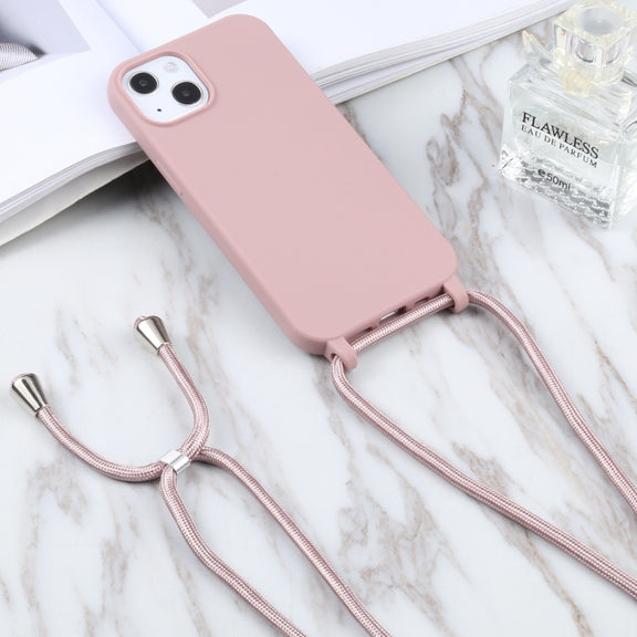 For iPhone 16 Plus Candy Colors TPU Protective Phone Case with Lanyard(Rose Gold)