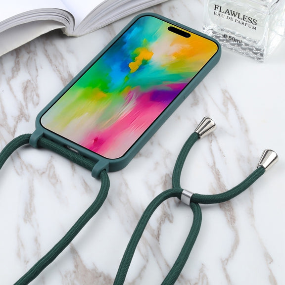 For iPhone 16 Plus Candy Colors TPU Protective Phone Case with Lanyard(Dark Green)