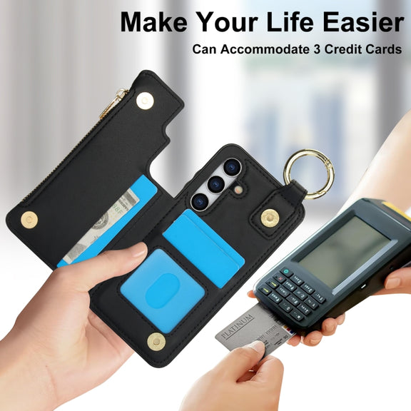 For Samsung Galaxy S24 5G RFlD Anti-theft Double Buckle Ring Zipper Card Phone Case(Black)