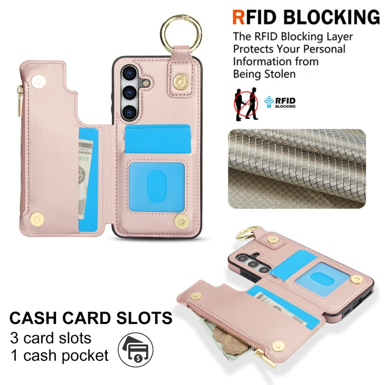For Samsung Galaxy S24 5G RFlD Anti-theft Double Buckle Ring Zipper Card Phone Case(Rose Gold)