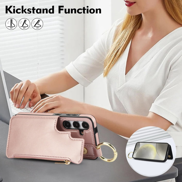 For Samsung Galaxy S24 5G RFlD Anti-theft Double Buckle Ring Zipper Card Phone Case(Rose Gold)