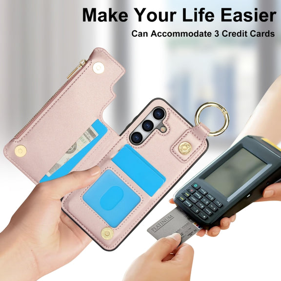 For Samsung Galaxy S24 5G RFlD Anti-theft Double Buckle Ring Zipper Card Phone Case(Rose Gold)