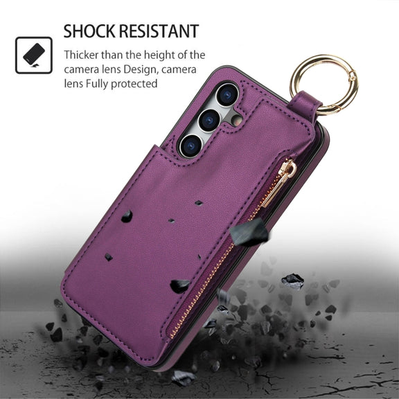 For Samsung Galaxy S24 5G RFlD Anti-theft Double Buckle Ring Zipper Card Phone Case(Dark Purple)