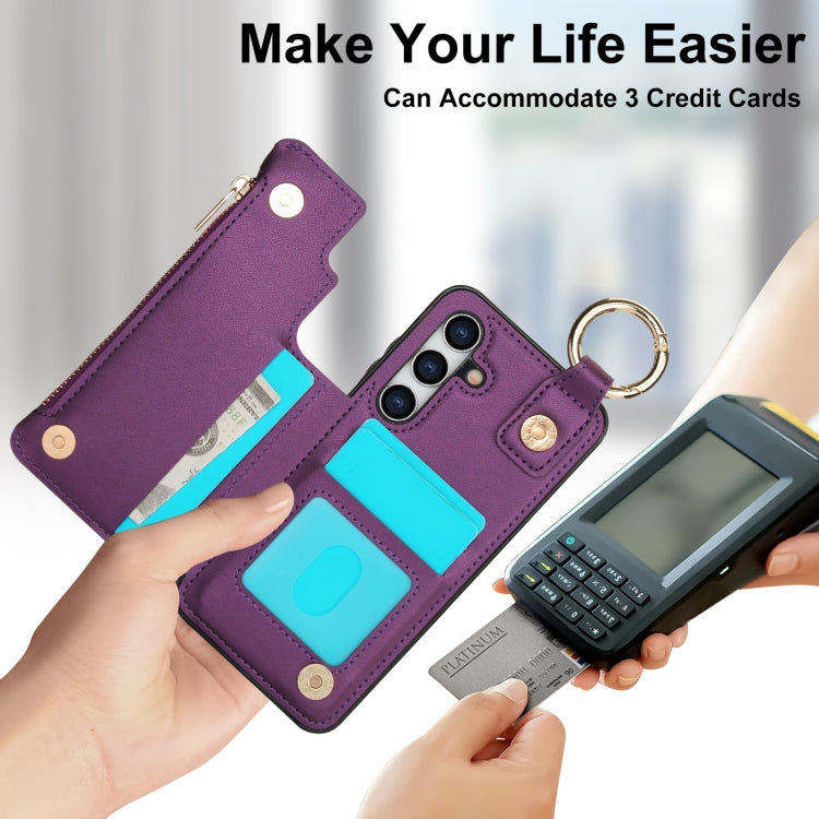 For Samsung Galaxy S24 5G RFlD Anti-theft Double Buckle Ring Zipper Card Phone Case(Dark Purple)