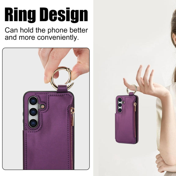 For Samsung Galaxy S24 5G RFlD Anti-theft Double Buckle Ring Zipper Card Phone Case(Dark Purple)