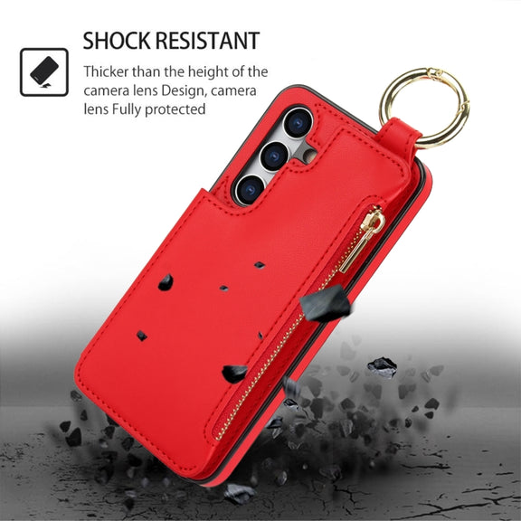 For Samsung Galaxy S24+ 5G RFlD Anti-theft Double Buckle Ring Zipper Card Phone Case(Red)