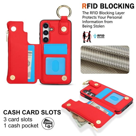 For Samsung Galaxy S24+ 5G RFlD Anti-theft Double Buckle Ring Zipper Card Phone Case(Red)