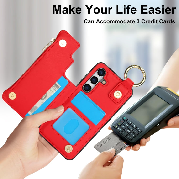 For Samsung Galaxy S24+ 5G RFlD Anti-theft Double Buckle Ring Zipper Card Phone Case(Red)