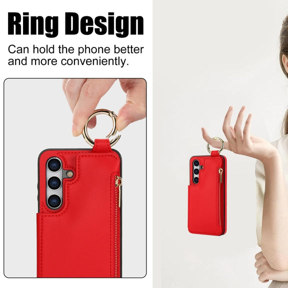 For Samsung Galaxy S24+ 5G RFlD Anti-theft Double Buckle Ring Zipper Card Phone Case(Red)