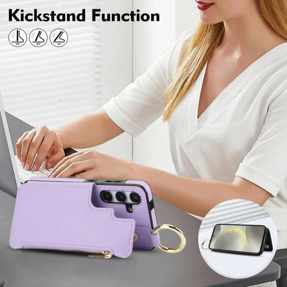For Samsung Galaxy S24+ 5G RFlD Anti-theft Double Buckle Ring Zipper Card Phone Case(Purple)