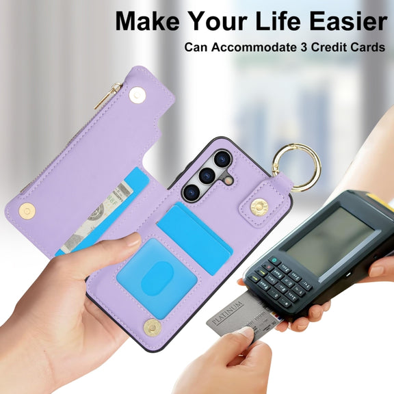 For Samsung Galaxy S24+ 5G RFlD Anti-theft Double Buckle Ring Zipper Card Phone Case(Purple)