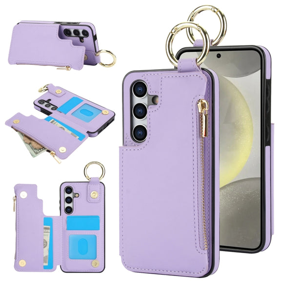 For Samsung Galaxy S24+ 5G RFlD Anti-theft Double Buckle Ring Zipper Card Phone Case(Purple)