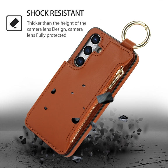 For Samsung Galaxy S24+ 5G RFlD Anti-theft Double Buckle Ring Zipper Card Phone Case(Brown)