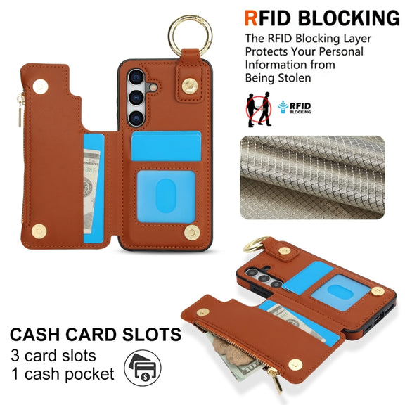 For Samsung Galaxy S24+ 5G RFlD Anti-theft Double Buckle Ring Zipper Card Phone Case(Brown)