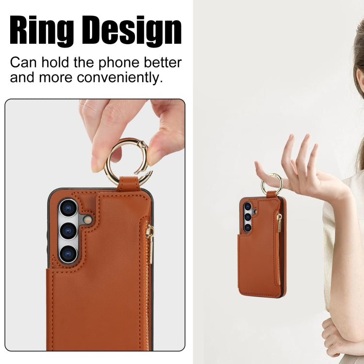 For Samsung Galaxy S24+ 5G RFlD Anti-theft Double Buckle Ring Zipper Card Phone Case(Brown)