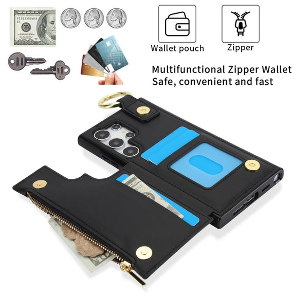 For Samsung Galaxy S24 Ultra 5G RFlD Anti-theft Double Buckle Ring Zipper Card Phone Case(Black)