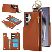 For Samsung Galaxy S24 Ultra 5G RFlD Anti-theft Double Buckle Ring Zipper Card Phone Case(Brown)