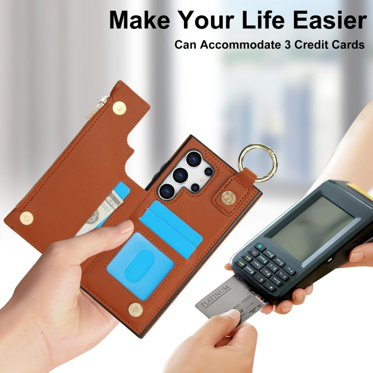 For Samsung Galaxy S24 Ultra 5G RFlD Anti-theft Double Buckle Ring Zipper Card Phone Case(Brown)