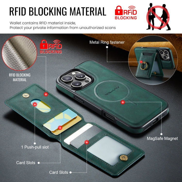 For iPhone 16 Pro Max MAGKING K1 MagSafe Detachable Wallet RFID Back Cover Phone Case(Green)