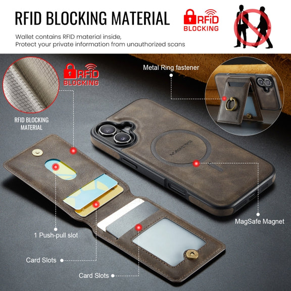 For iPhone 16 Plus DG.MING K1 MagSafe Detachable Wallet RFID Back Cover Phone Case(Coffee)