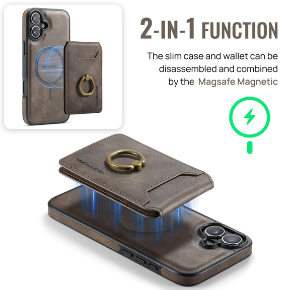 For iPhone 16 Plus DG.MING K1 MagSafe Detachable Wallet RFID Back Cover Phone Case(Coffee)
